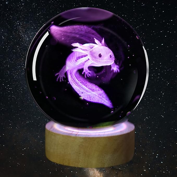 3D Axolotl Crystal Ball Night Light with 16 Color LED Wooden Base, Premium 2.4 Inch Axolotl Glass Ball Lamps with Remote for Birthday Holiday, Cool Axolotl Toy Decor Gifts for Boys Girls Kids