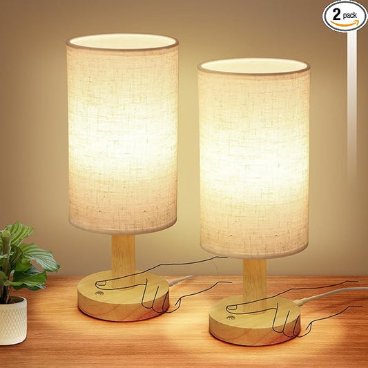 Small Cordless Touch Table Lamps Set of 2 with Stepless Dimming, Natural Wood Base & Linen Fabric Shade,Wireless Battery-Powered Ambient Night Lights for Bedroom, Bedside, Nightstand,Room, Nursery