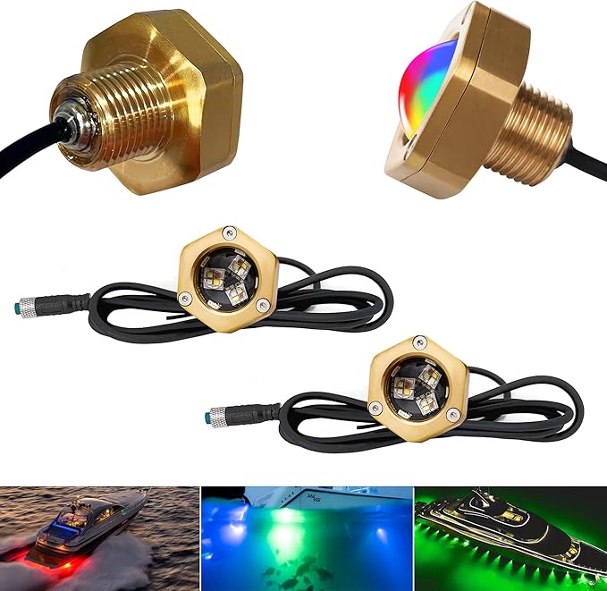 2 Pcs Standard 1/2in NPT Boat Drain Plug Light IP68 Waterproof RGB Underwater Boat Trailer Light with APP RF Remote Control for Fishing Swimming Divinng, Smart Cooling System,4100LM
