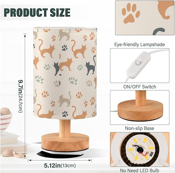 Colorful Cute Cat Silhouette and Paw Prints Bedside Table Lamps with USB Port for Bedroom Lamp Accent Table Lamp Small Nightstand Lamp Linen Shade Decorative Lamps for Kids|Reading|Dome|Home