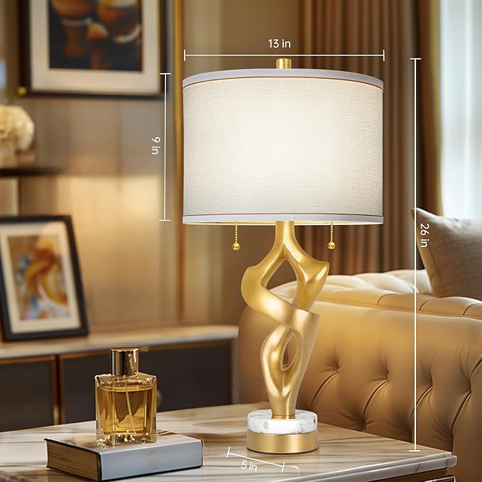 Scenekoy Sculptural Table lamp Set of 2 for Living Room with Marble Base & USB Ports, Gold Leaf Finish Rustic Bedside Lamps with S Cluster Pull Chains Switch, Nightstand Lamp for Office Hotel Bar