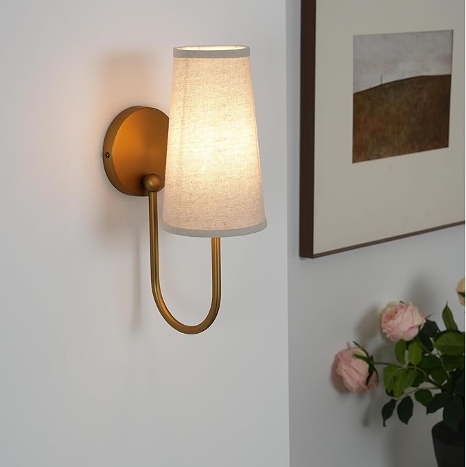 Pathson Set of 2 Linen Fabric Wall Sconces, Hardwired Curved Arm Bathroom Vanity Light with Cone Cloth Shade, Brass Indoor Wall Decor Lamp for Living Room, Kitchen, Bedroom, Foyer