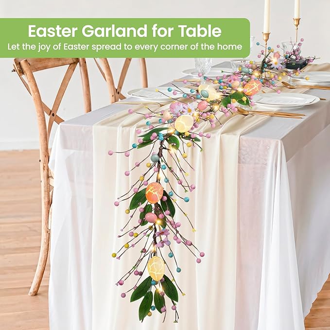 6 FT Pre-Lit Easter Garland with 20 LED Lights & 8 Mode Timer, Mixed Pastel Easter Pip Berry Spring Galand for Mantle Decorations, Lighted Artificial Easter Egg Garland for Fireplace Table Holiday