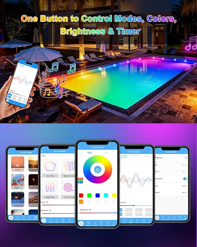 RGB+IC Pool Lights for Inground & Above Ground Pools, Submersible Underwater Pool Lights with App & Remote Control, 16M Colors, Timer, IP68 Waterproof, 25FT Swimming Pool Lighting