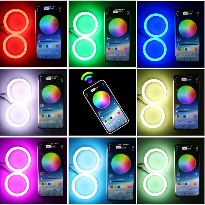 YM E-Bright 1 Set 80MM RGB Angel Eyes LED Halo Rings for Car Lamp Daytime Running Light COB Chips Multil-Color Circle Ring Mobile App Control with PVC Housing DC 12V