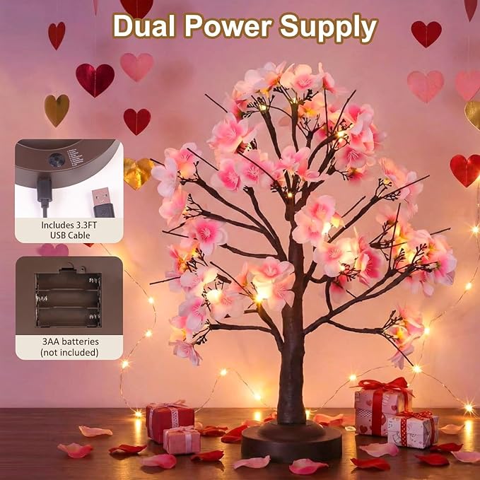 18 Inch Cherry Blossom Tree with Timer, Warm White Tabletop Spring Bonsai Tree USB/Battery Operated, Light up Artificial Tree Decorations for Christmas Indoor Mantel Home Wedding Easter Gift