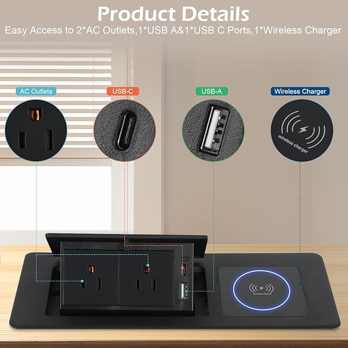 Table Pop Up Outlet Automatic Pop Up Strip Center Countertop Recessed Power Strip with 15W Wireless Charger + USB A + USB C + 2AC 5.9Ft Cord for Conference Desk Office Kitchen (Black-Wireless)