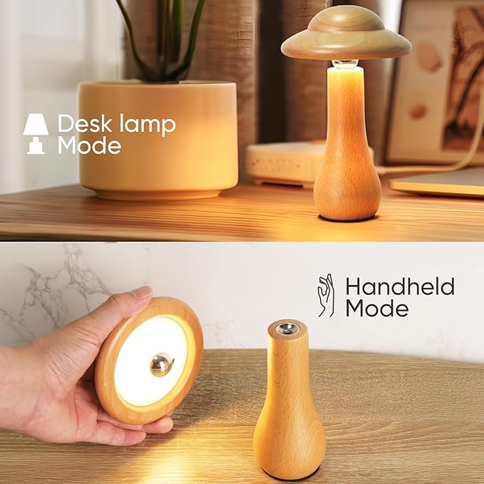 Portable Cordless Touch Switch Small Wooden Mushroom Lamp,Rechargeable Battery Operated, Stepless Dimming, 360 Degree Rotation Angle Adjustable Night Light