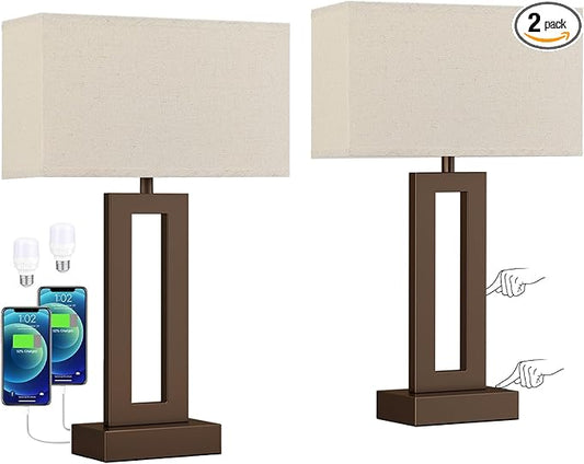 Seealle Bedroom Lamps for Night Stands - Touch Control, 3 Way Dimmable, USB C+A Charging, LED Bulbs, Easy Assembly(Yellow&Brown)