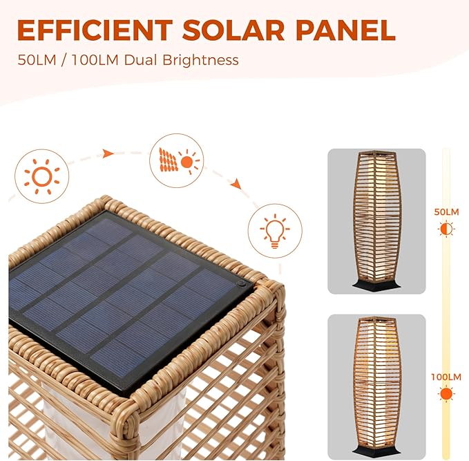 Grand patio Outdoor Floor Lamp Solar Lantern, Water-Resistant Natural Wicker Boho Patio Light with 50/100 Lumens Dual Brightness & Memory Mode for Garden Porch Deck Decor, Large Crossover Natural