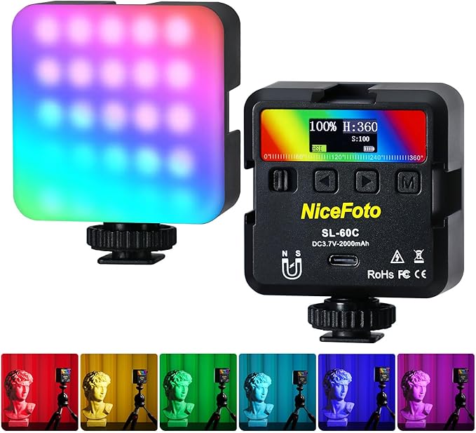 NiceFoto Portable LED Video Light, Magnetic 360° Full Color RGB Camera Lights with 3 Cold Shoe Mounts, 2500K-9000K, CRI 96+, 18 Scene Modes, for Vlog Filming, TikTok, Live, Photography ﻿