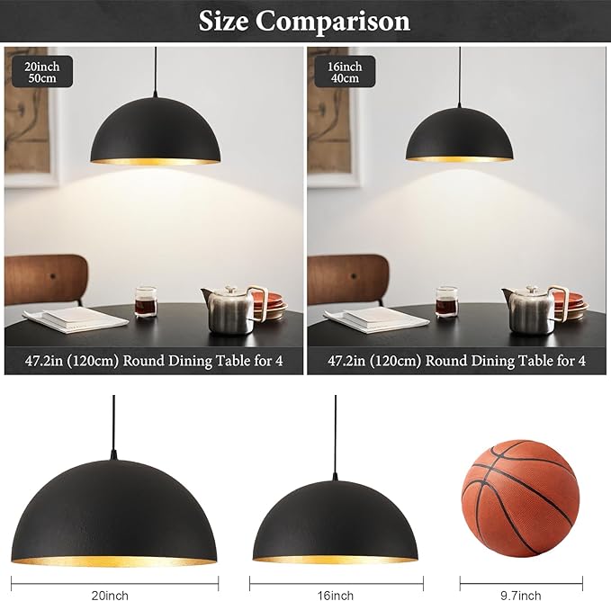 Industrial Pendant Lighting for Kitchen Island, 20 Inch Black and Gold Metal Dome Pendant Light Fixtures, Hemispherical Hanging Ceiling Light E26 Base for Reading Dining Room Foyer Cafe