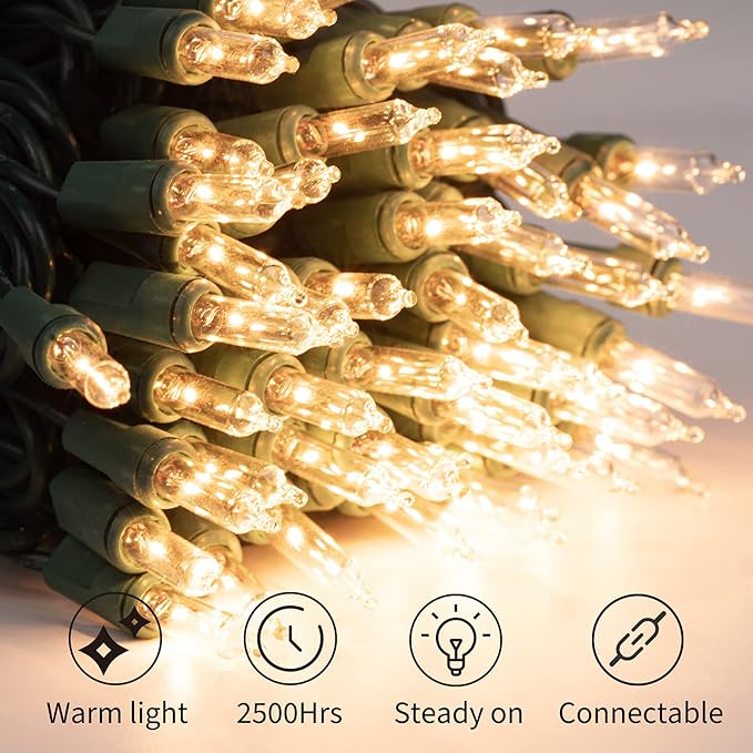 Minetom Clear Christmas String Lights 3 Pack 20 Feet 100 Counts Warm Mini Lights for Christmas Indoor Outdoor Patio Wreath Garden Wedding Party Thanksgiving Holiday Decorations, Green Wire