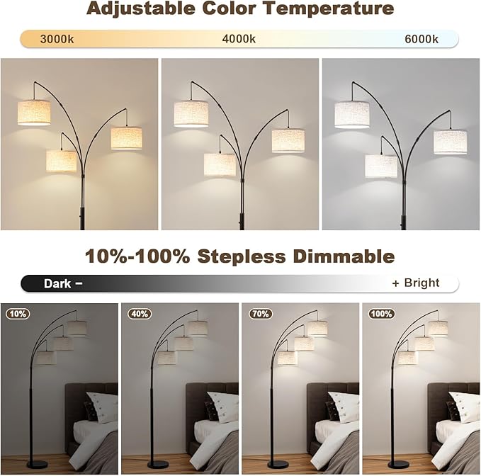 Netin Arc Floor Lamp with Remote, 3 Light Floor Lamp for Living Room Bright Lighting, 3 Color Temperature, Dimmable Tall Standing Lamp, Mid Century Tree Floor Lamp for Bedroom Office