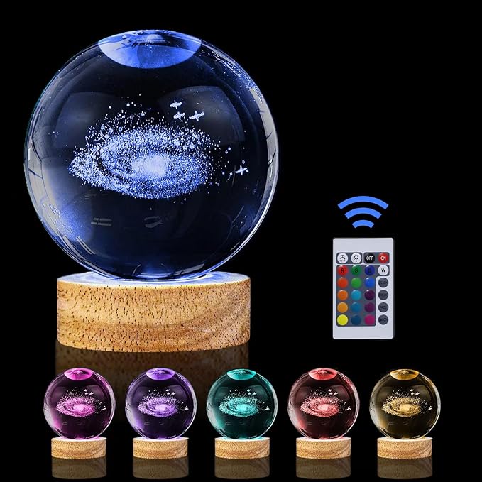 3D Galaxy Crystal Ball Night Light with Remote Upgraded 3.15 Inch Galaxy Planets Glass Ball Lamps with 16 Color LED Wooden Base for Birthday, Astronomy Space Universe Gifts for Boys Girls