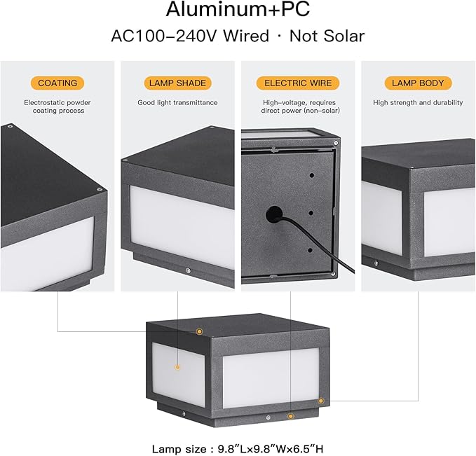 Outdoor Post Lights Hard Wired, 9.8" Pillar Lights Waterproof, AC100-240V LED Column Lamp, Electric Modern Fence Deck Cap Lantern 3000K Lighting for Patio Garden Driveways Entrances Posts