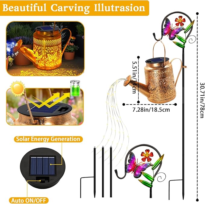 ANGMLN Butterfly Solar Lights Outdoor Waterproof, Solar Watering Can Lights with Shepherd Hook, Metal Hanging Lantern Garden Decor Yard Outside Patio Lawn, Gifts for Mom Grandma Women Birthday