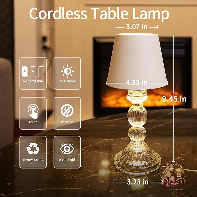 MJ PREMIER Cordless Table Lamp, Small Rechargeable Lamp with Touch Control, 9.5" H, 3 Color Stepless Dimming Battery Operated Lamps for Bedroom/Living Room/Bathroom/Kitchen/Corner/Entryway (White)