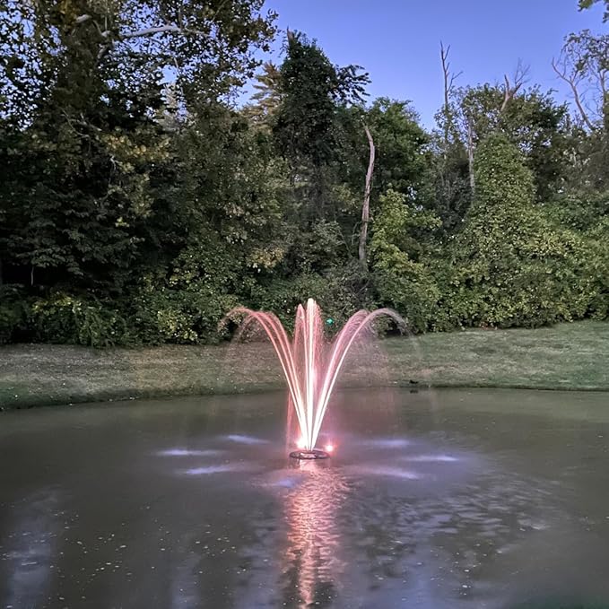 HALF OFF PONDS Floating Fountain, 1.5 HP Pond Aerator, 100 ft Cord, 12,500 GPH Water Pump, 11 Spray Patterns, Color-Changing LED Lights & Control Box, for Large Ponds, Lakes & Water Gardens