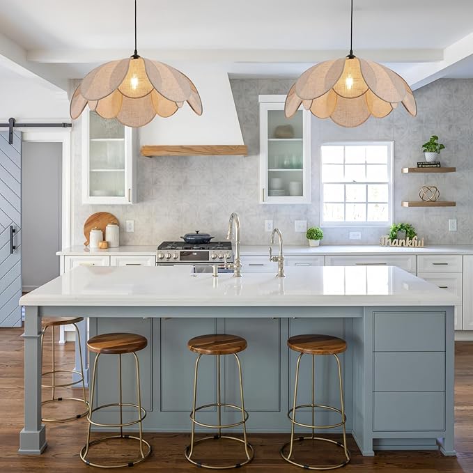 Farmhouse Rattan Chandeliers for Dining Room, 22in Coastal Boho Chandeliers, Wicker Hanging Pendant Lights, Hand Woven Lighting Fixture for Kitchen Island, Living Room, Bedroom