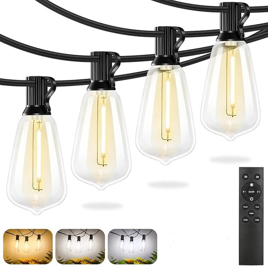 Brightever 60FT Outdoor String Lights with Remote – 3-Color LED, 19 Shatterproof Bulbs, Dimmable