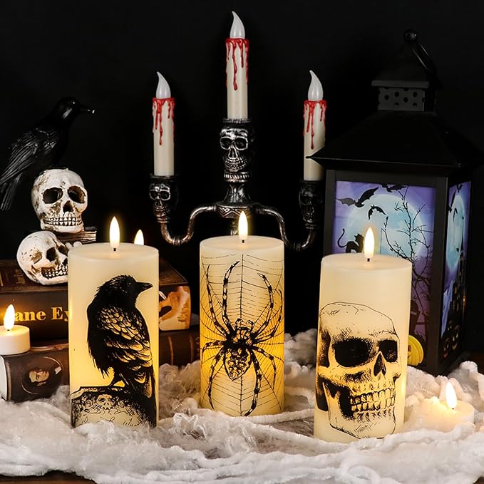 DRomance Halloween Flameless Candles Battery Operated with Remote and Timer, Real Wax 3D Wick LED Flickering Pillar Candles Skull Crow Spider Web Decals Dinner Halloween Decor(3 Pack, 3" D x 6" H)