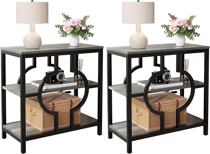End Table Set of 2, Narrow Side Table with 3-Tier Storage Shelves, Wood Sofa Side Table with Geometric Metal Frame for Living Room, Industrial Bedside Nightstand for Bedroom (Gray)