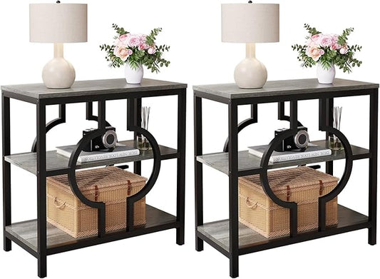 End Table Set of 2, Narrow Side Table with 3-Tier Storage Shelves, Wood Sofa Side Table with Geometric Metal Frame for Living Room, Industrial Bedside Nightstand for Bedroom (Gray)