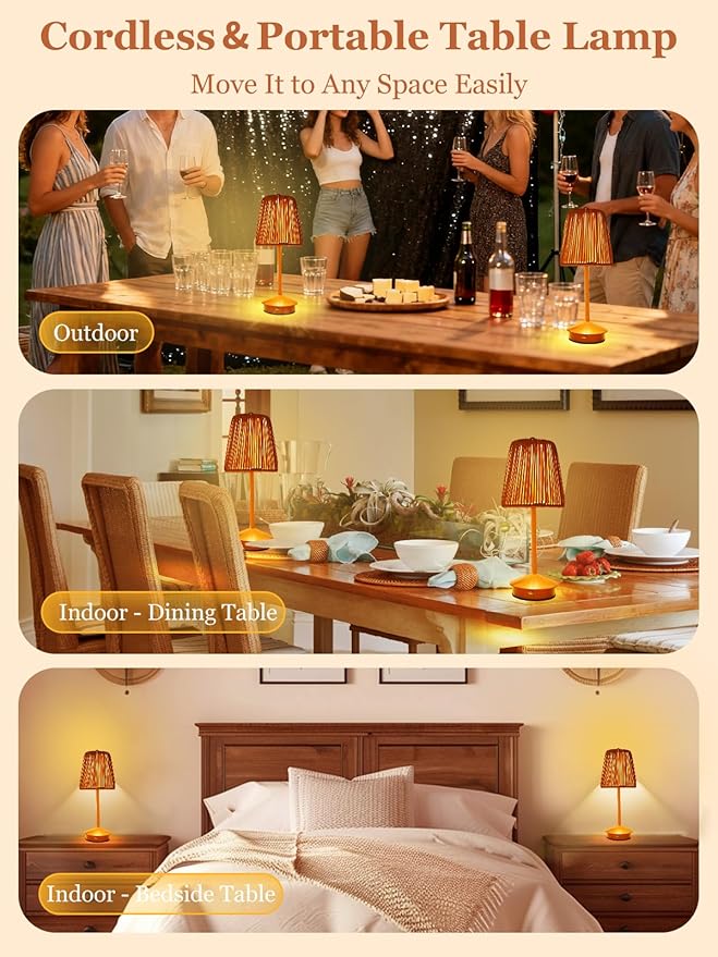 Boho Rattan Table Lamp, Cordless Wicker Woven Vintage Table Lamp - LED Rechargeable Touch Control 3 Color Dimmable Reading Bedside Lamp for Bedroom Living Room Office, Home Outdoor Decor (Brown-2)