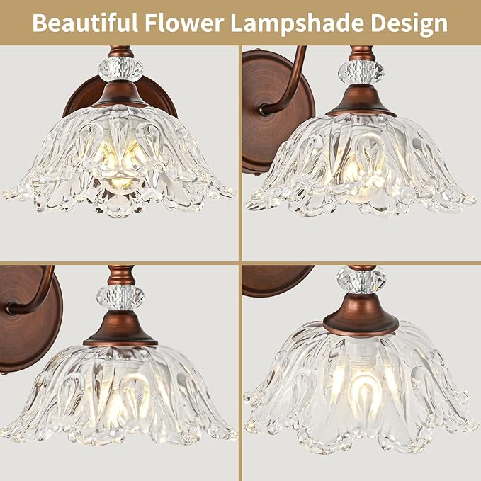 1-Piece Oil-Rubbed Bronze Vintage Wall Sconce with Floral Etched Clear Glass Shade, Farmhouse Wall Mount Lighting for Bathroom,Vintage Bathroom Vanity Light Fixtures