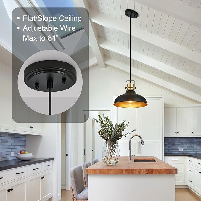 Black and Gold Farmhouse Pendant Lights Matte Pendant Lighting for Kitchen Island Industrial Adjustable Height Vintage Dome Hanging Light Fixtures for Barn, Dining Room 2 Packs