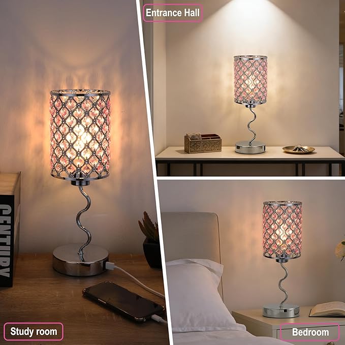 Crystal Table Lamp with 3 Way Dimmable Touch Control, Nightstand with USB A+C Ports, Modern Bedside Touch Lamp for Bedroom, Living Room, Office Reading, Pink
