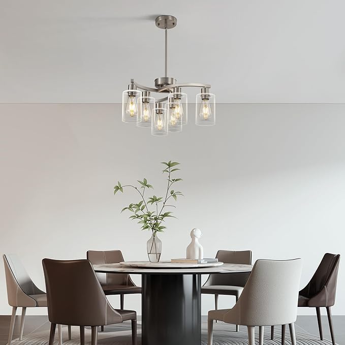 6 Light Modern Brushed Nickel Pendant Light Fixture for Dining Room，Kitchen Pendant Lighting Over Island，Adjustable Height Farmhouse Dining Chandeliers Over Table，with Glass Shade