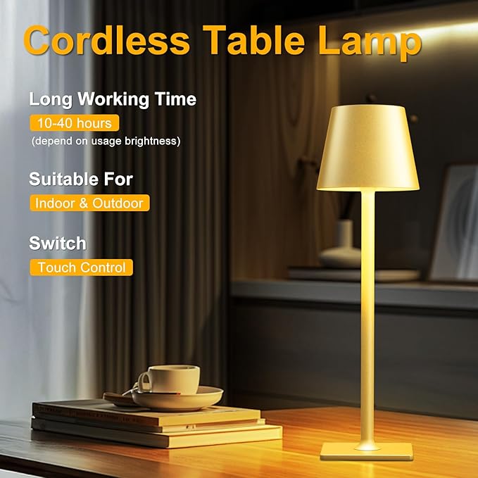 2 Pack Gold Cordless Table Lamp - 6000mAh Battery Operated Touch Lamp with 3 Color Stepless Dimming, Waterproof & Wireless for Indoor & Outdoor Use, Perfect for Living Room Camping Café Patio