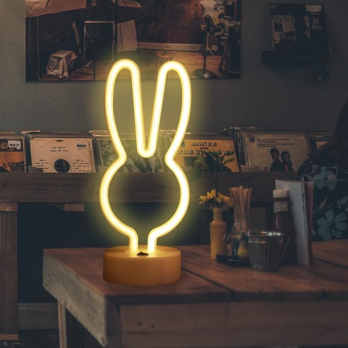 Easter Decorations Neon Signs, Bunny Neon Lights with Base - Battery/USB Operated Rabbit Stuff for Home, Nursery Room, Baby Teen Kids Girls Bedroom, Spring Decor (Warm White)
