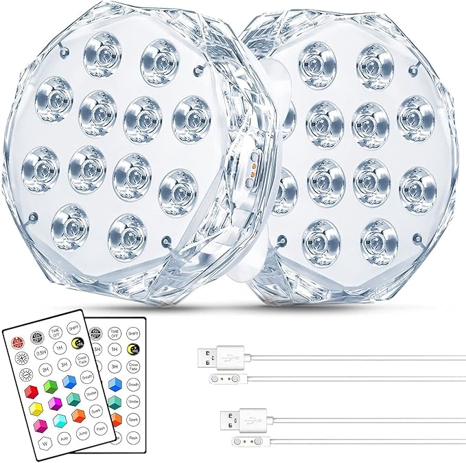 4” 20 LED Submersible LED Light - Independently and Group Controlled Pairable with Remote Magnetic Rechargeable Underwater Pool Light, Super Bright, Super Strong Magnet (2 Pack)