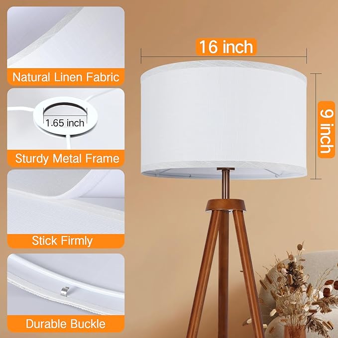 OUTON White Lamp shades Set of 2, Large Drum Lamp Shades for Floor Lamps, 16" Top x 16" Bottom x 9" High, Easy to Assemble, Replacement Linen Lampshades for Table Lamps & Bedside Lamps (1.65" Spider)