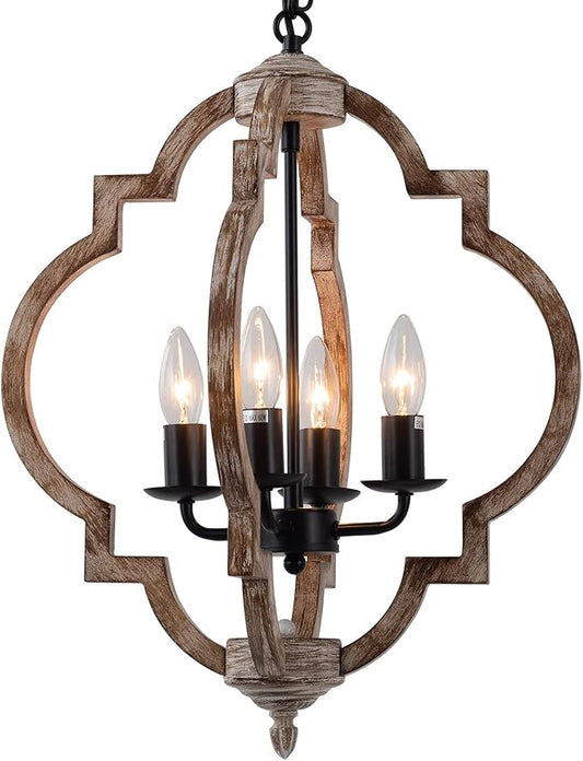 16.14" 4-Light Farmhouse Wood Chandelier, Rustic Orb Pendant Lighting Fixture with Adjustable Chain, Vintage Ceiling Hanging Lights for Foyer Entryway Dining Room Kitchen Island, Handmade Oak Finish
