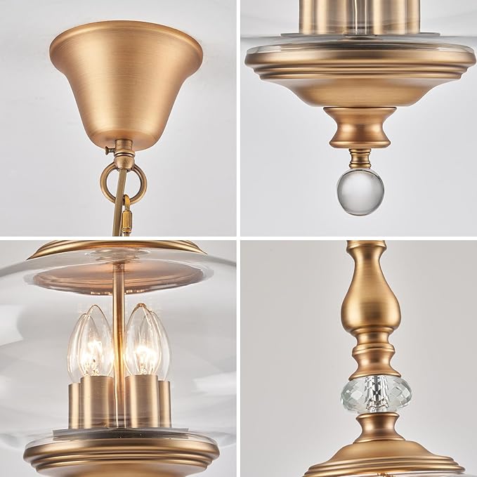 Vintage Pendant Light Brass Glass Pendant Light 15.74" Wide Adjustable Hanging Height 5 Light Pendant for Sitting Room, Kitchen, Dining Room, Ressing Room Hallway Entryway