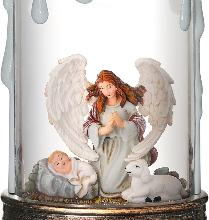 Angel Christmas Snow Globe Lantern, Nativity Lighted Christmas Decorations for Home Candle Shaped Snow Lantern with Music Timer Glittering, Home Decor Festival Gife, USB & Battery Operated