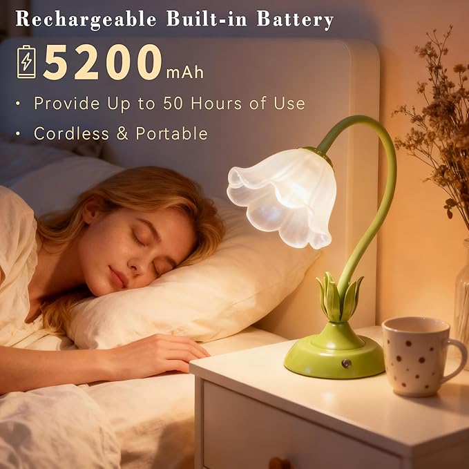 Cordless Flower Table Lamp Green, Valentine‘s Gift, 5200-mAh Rechargeable Touch Lamp, 3-Way Dimmable, Build-in Integrated LED 320 Lumen Max, for Nightstand Bedroom Living Room