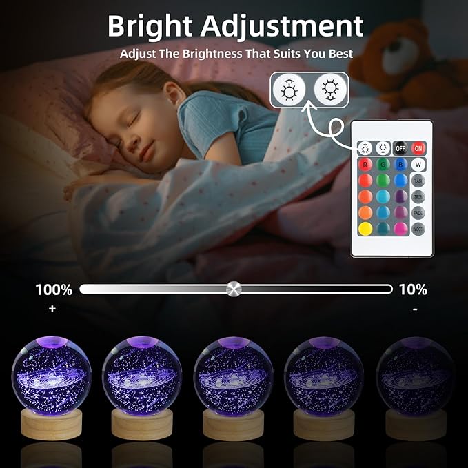3D Solar System Crystal Ball Night Light, Upgraded 3.15 Inch Glass Ball Lamp with 16 Color LED Wooden Base, Solar System Model Desk Decor Birthday Christmas Space Gifts for Kids Friends