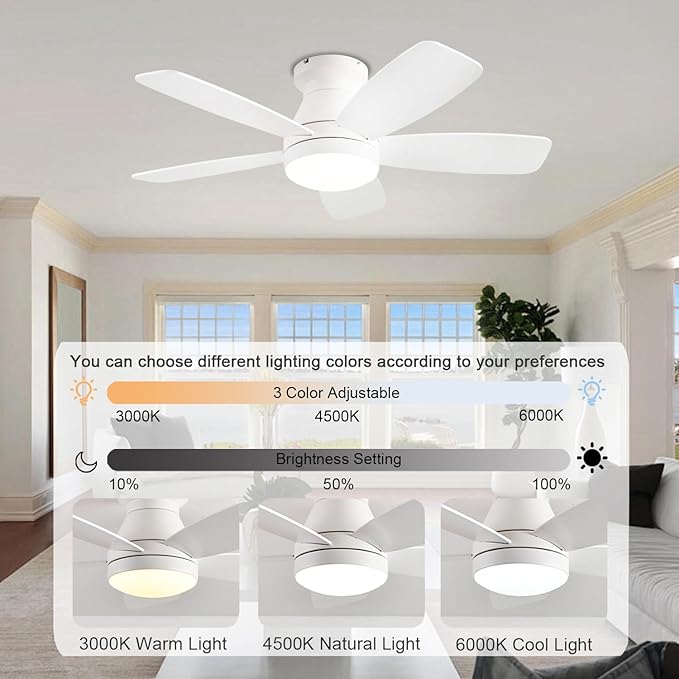Ceiling Fans with Lights, 42 Inch Low Profile Ceiling Fan with Light and Remote/App Control, Flush Mount, Reversible, 3CCT, Dimmable, Noiseless, White Ceiling Fan for Indoor/Outdoor Use