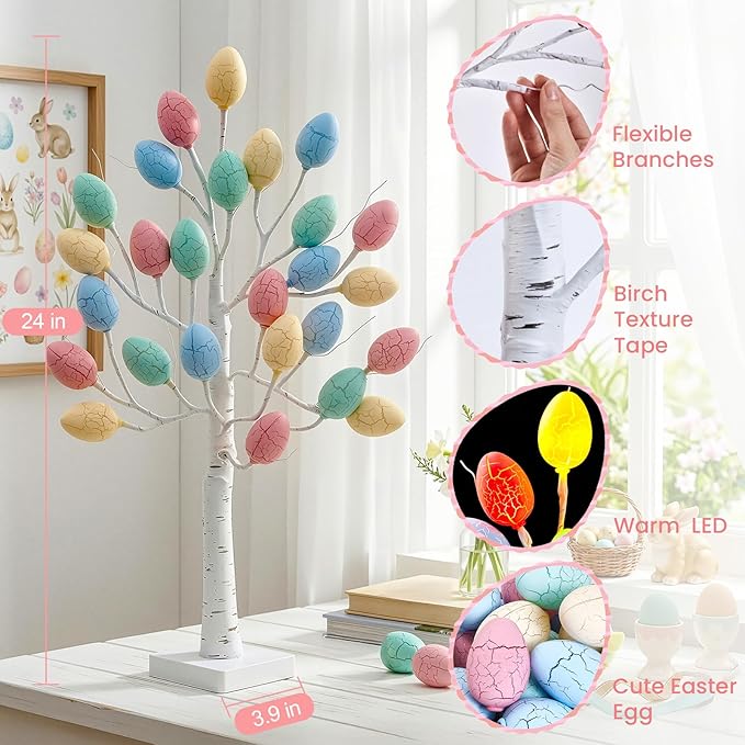 Easter Decorations - 2 FT Artificial Birch Tree with 24 Warm Led Light Colorful Eggs - Easter Tree Decor for Office Home Bedroom Table Mantel, USB or Battery Powered