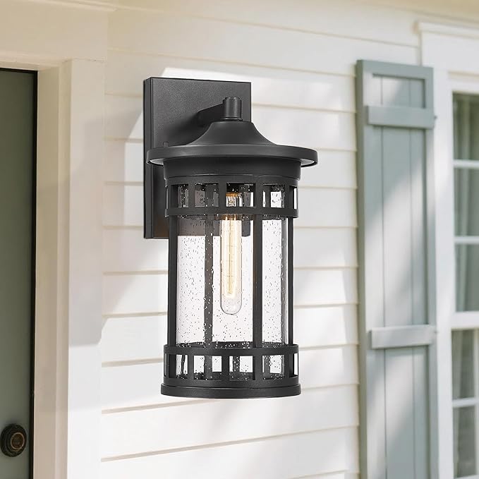 Outdoor Wall Sconce, Farmhouse Outdoor Wall Light with Seeded Glass, Waterproof Exterior Lighting Fixture, Anti-Rust Outside Lantern Lamp for Patio Yard Hallway Doorway Garage (Black,16.7 Inch Height)