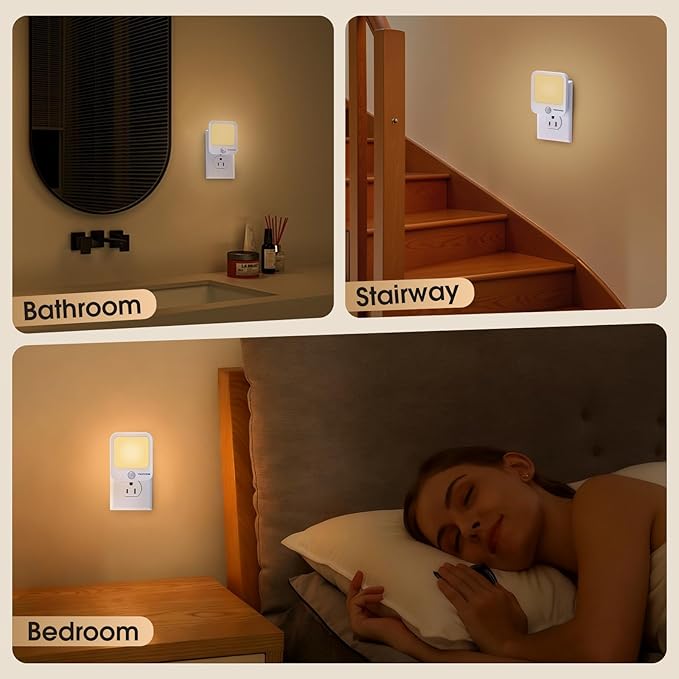 Plug-in Motion Sensor Lights with Adjustable Brightness, Warm White Motion Activated Led Night Light for Bedroom, Bathroom, Stairs, Hallway, Living Room, 2 Pack