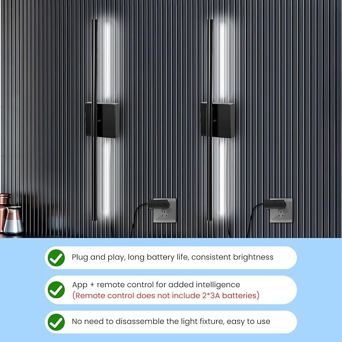 Lichaser Plug-in Black Wall Sconces for Acoustic Wood Panels, WiFi LED Sconce Lights Compatible with Alexa and Smart App, 3000K-6500K Color Temperature Adjustment, for Slat Wall Panels (Set of 2)