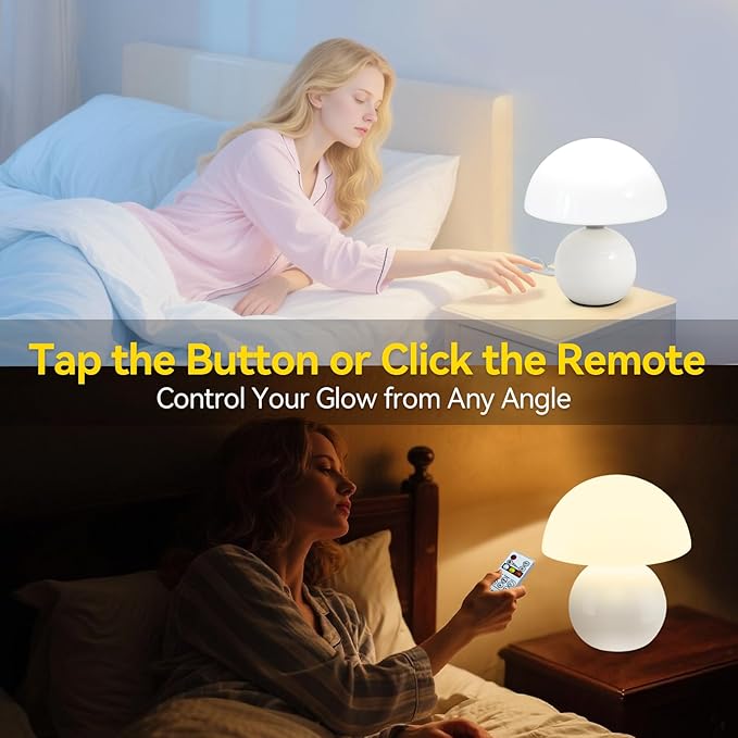 Remote Control Mushroom Lamp with Timer – 3-Color Dimmable Bedside Light, Ceramic Base & Glass Shade, Modern Decorative Night Lamp for Bedroom, Living Room, and Home Office (Sunset Orange)