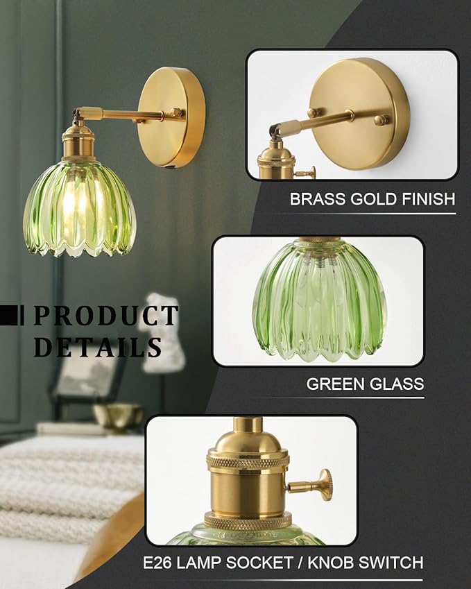 Plug in and Hardwired Wall Sconces, Luxury Vintage Tulip Crystal Glass Shade Wall Light with Switch for Bedside Bedroom Living Room (Tulip-Green, 2)