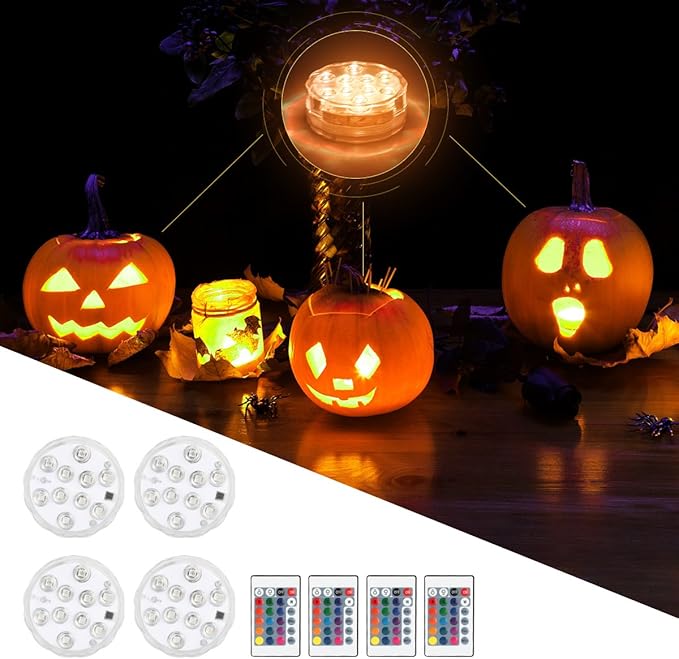 Submersible LED Lights, 4PCS Waterproof Underwater Remote Controlled Battery Operated Wireless, Multicolor Submersible Led Lights for Christmas, Pond, Party, Wedding, Vase Base Decorations